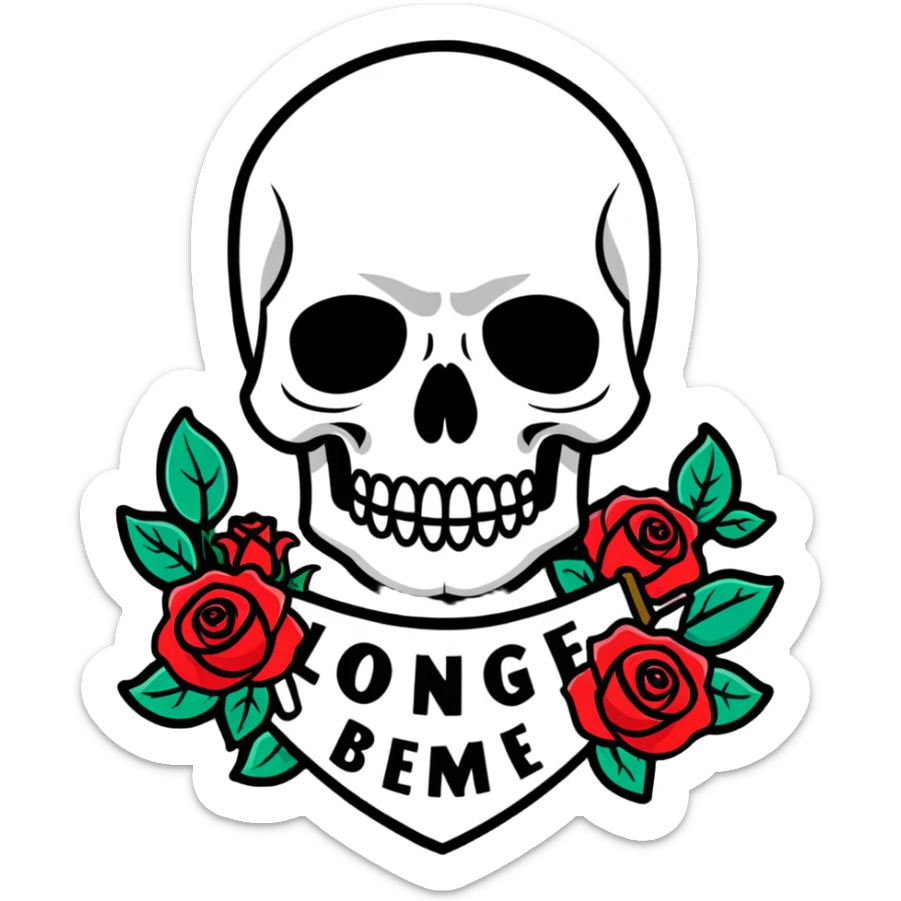 Traditional Americana tattoo art skull with bold outlines, red roses, and a banner sticker