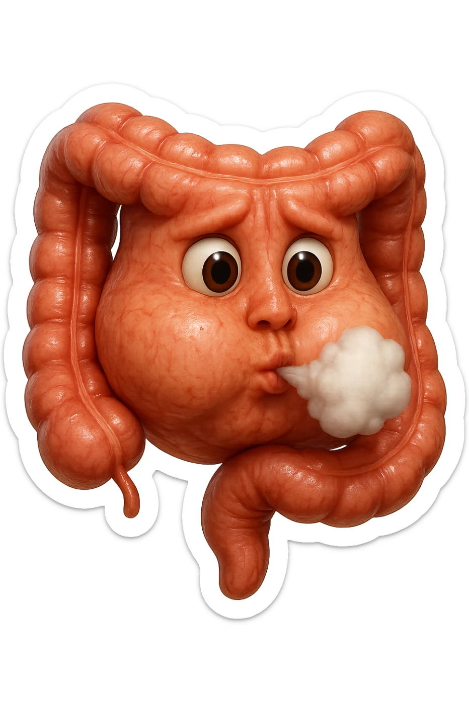 emoji stile iphone di un intestino che ingoia una nuvoletta di aria ben visibile e gli si gonfia la pancia, non fargli il naso, iperrealistico 4k sticker