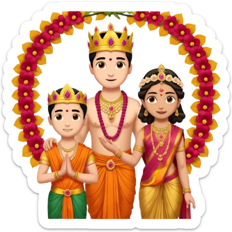 Brahmin boy is thanking to the bharatanatyam dancer. Only the girl is in lordess padmavati with golden crown and giant flower garland on her neck. The boy is a normal helper. The girl is fat and tall the boy is small. sticker