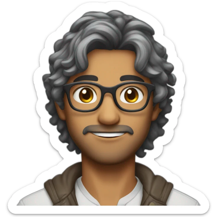 Indian guy with eren jaeger like hair style with curly hairs wearing grey colour transparent glasses sticker