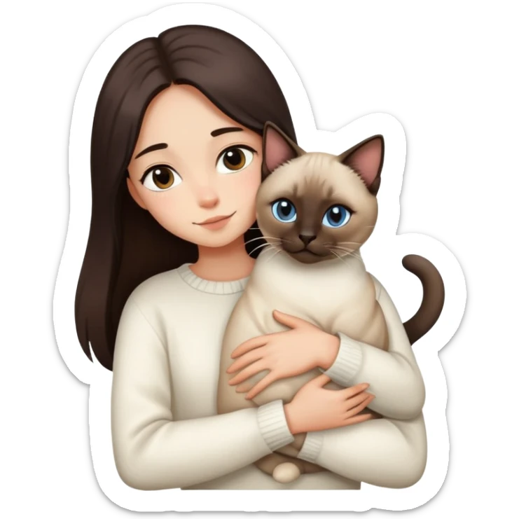 a girl with long dark brown hair, in a white sweater, hugs a Siamese cat sticker