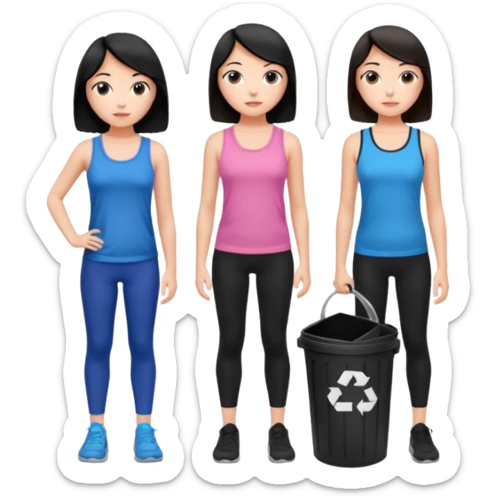 generate a genmoji of a black haired girl in a pink tank top and black leggings holding a black trash bag. Standing with her is a brunette girl in a similar blue tank top and black leggings.
Standing in front of a dustbin sticker