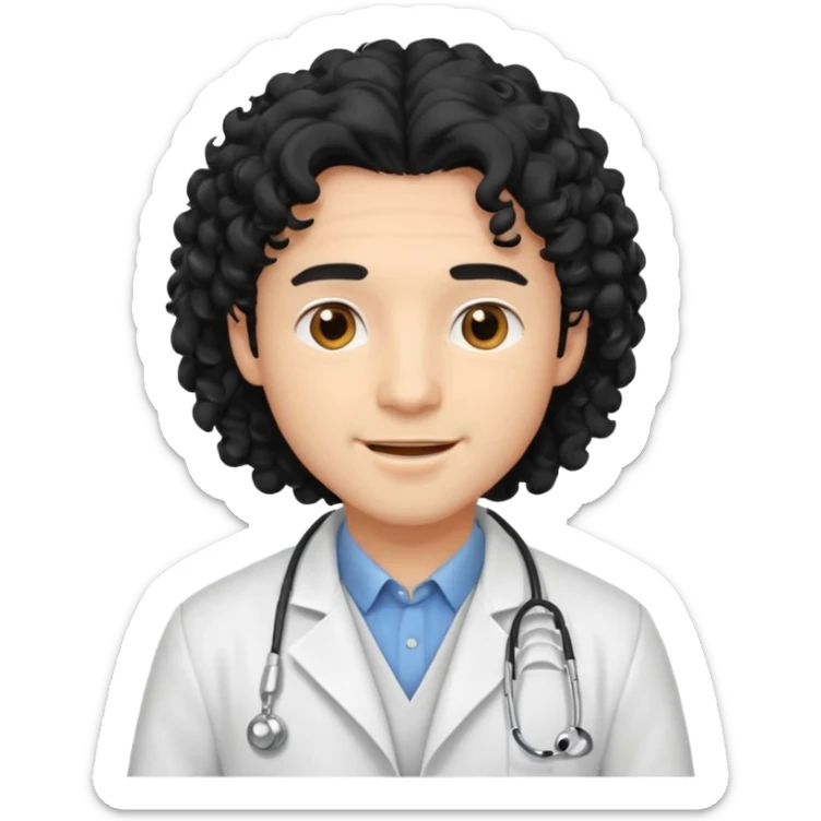 a young male doctor with black long curly hair and cheerful face sticker