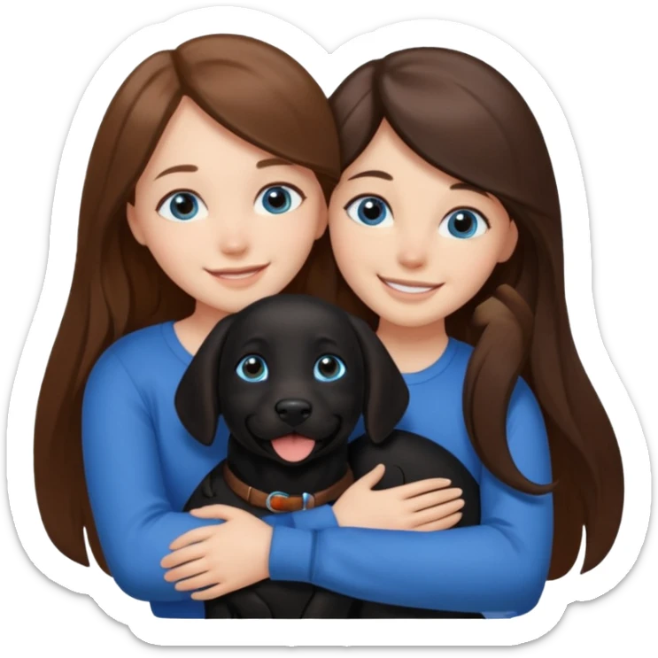 girl with brwon long hair and blyue eyes huggibg a black lab sticker