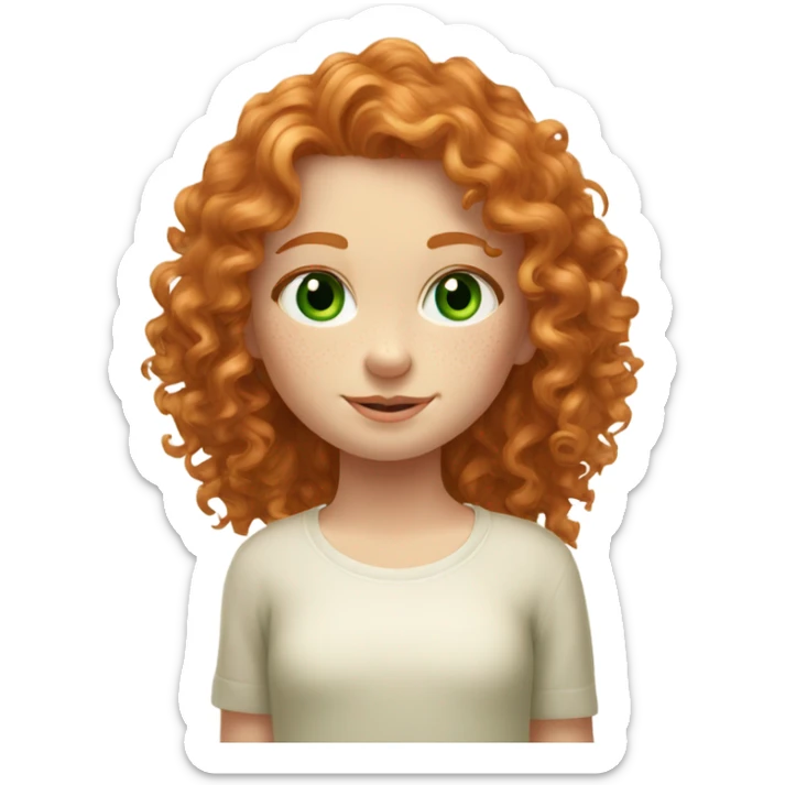 a ginger curly girl with long hair, delicate freckles and face, green eyes and elegant aesthet sticker