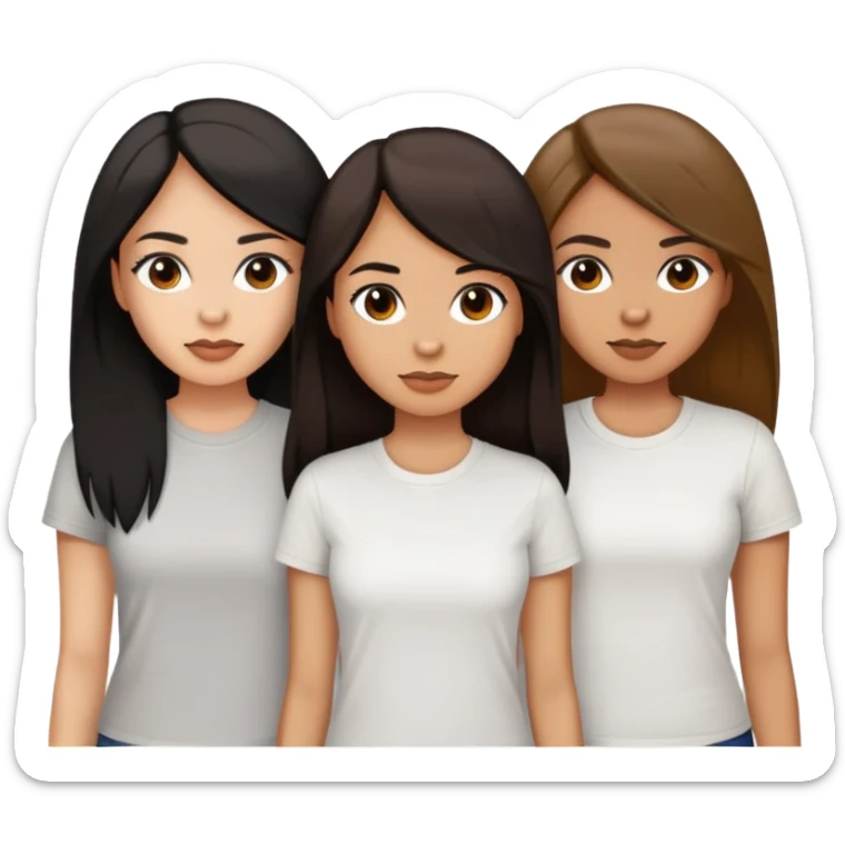 Three women, light skin with dark brown long hair, tan skin black long hair, and tan skin dark brown short hair, white tee sticker
