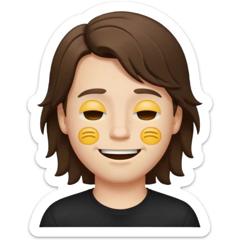 front emoji of a white boy with large brown hair, semi-closed eyes, wide open mouth, black shirt, simple emoji style, clear facial features sticker