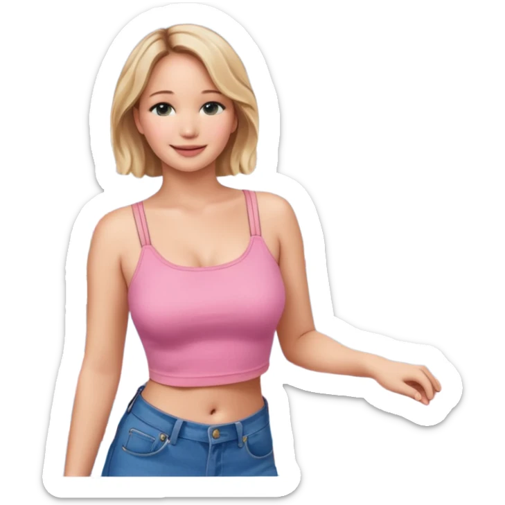 jennifer lawrence, pink crop top, and blue jeans, leaning on a balcony with a harbor and cityscape in the background, smiling sticker