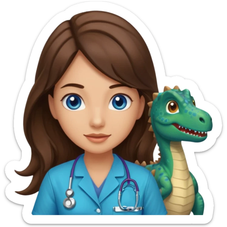 pretty brunette nurse with long hair and blue eyes in dinosaur scrubs sticker