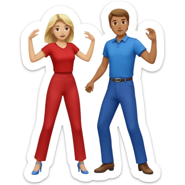 Two people dancing. Man in red shirt and pants with brown hair. Women in blue shirt and pants with blond hair. sticker
