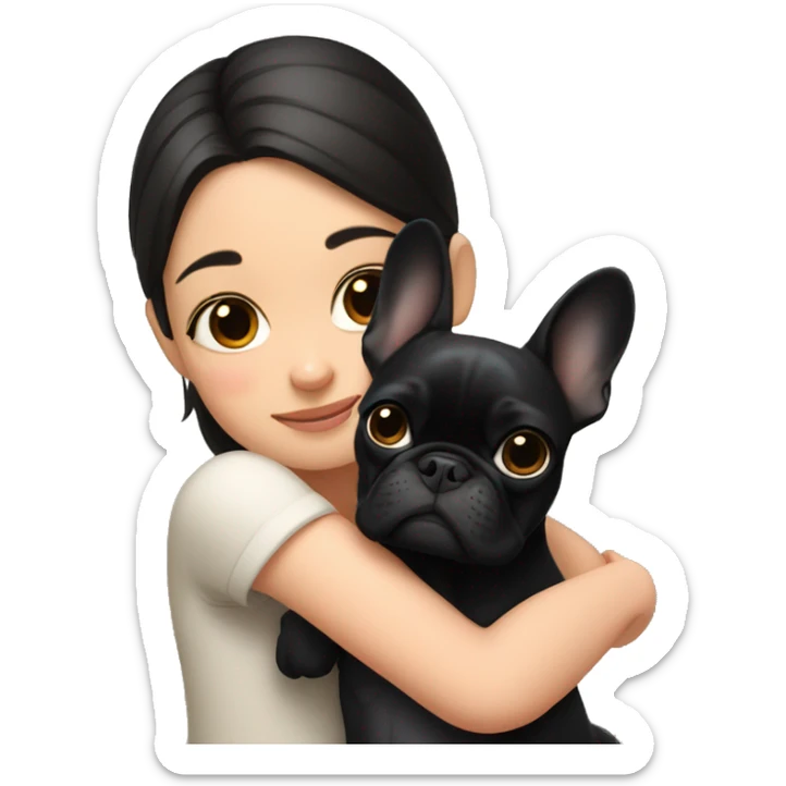 A girl with dark hair hugs a black French bulldog sticker