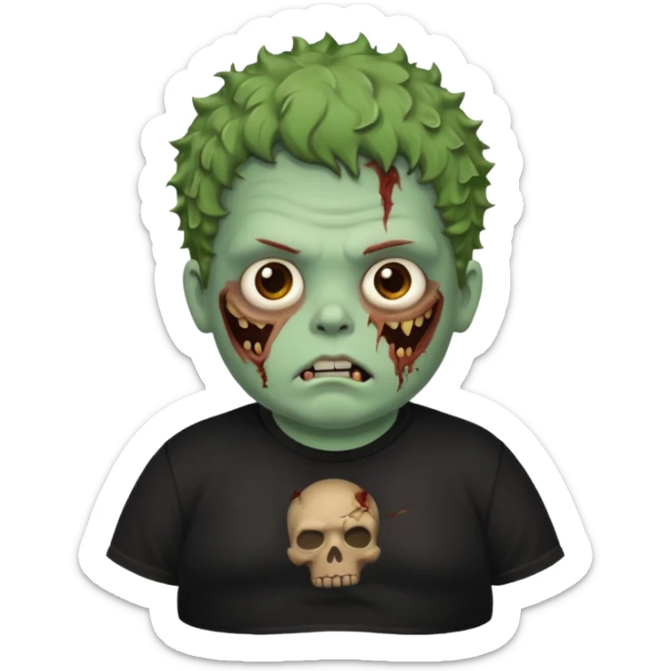 a zombie boy with brown curly hair and a fat double chin, with black t shirt sticker