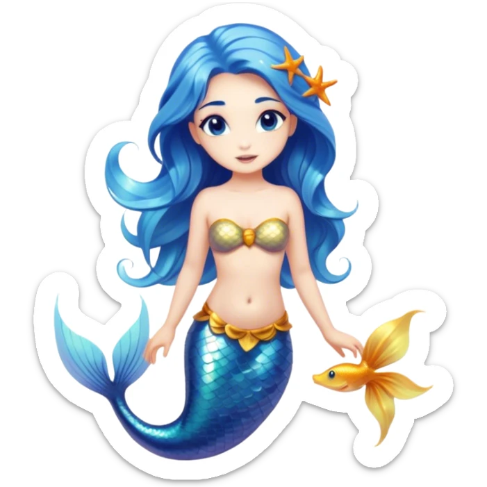 Cinematic Realistic Blue Hair Mermaid Portrait, depicted with lifelike, sun-kissed tanned skin that exudes a warm, radiant glow under gentle underwater lighting. Her intricately detailed, flowing blue hair cascades like a waterfall of ocean hues, framing deep, mesmerizing eyes that capture the vibrant spirit of the sea. Adorned with a shimmering tail and delicate tropical accents, the portrait features an enchanting underwater glow that blends realism with mythic coastal allure. sticker