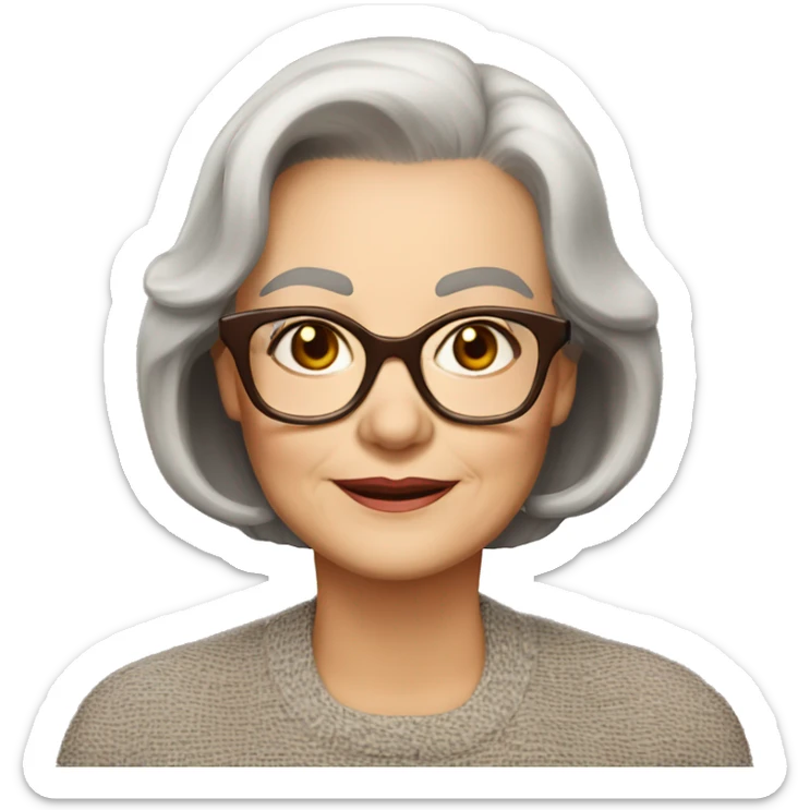 75 years old girl
Short brown hair with bob styling
light skin small square 
glasses with refined frame
Brown eyes with cat eye liner sticker