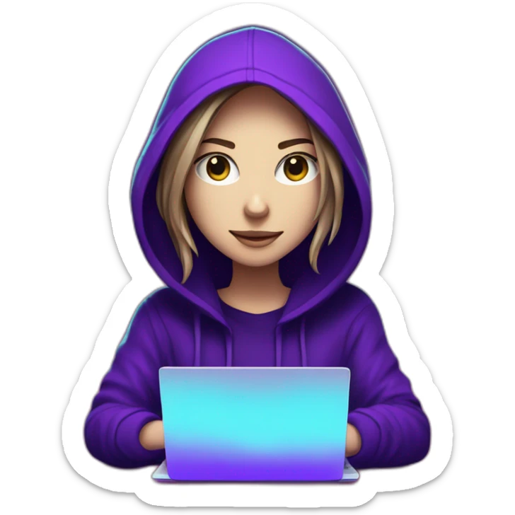 Girl artist behind his laptop with this style : Alan Walker Singer neon glowing bright purple character purple themed character sticker
