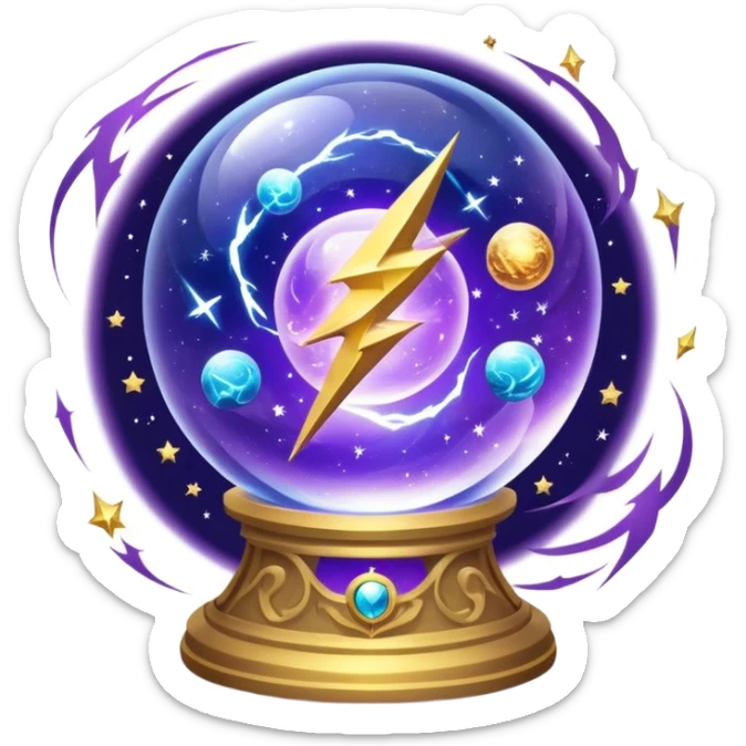 A mystical, glowing crystal ball with swirling sparkles and lightning bolts inside, surrounded by zodiac signs and planets floating in space, with tarot cards spread out on the table around the ball. Use bright purples, blues, and golds to create a magical, mysterious vibe. transparent background.  sticker