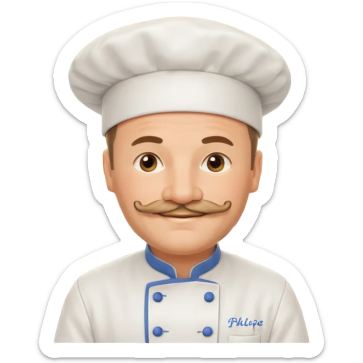Est-ce que tu peux me faire un chef cuistot qui ressemble à Philippe Etchebest et qui est devant un restaurant? Est-ce que tu peux le faire souriant, avec une moustache de cuistot? 
 sticker