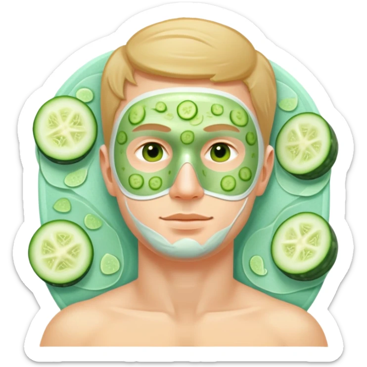 white man with green facial mask and cucumber slices on eyes, relaxing at a spa sticker
