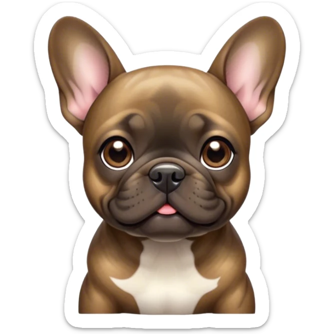 Cinematic Cute Brindle French Bulldog Portrait Emoji, Head tilted playfully and inquisitively, featuring a glossy brindle coat with a smooth texture and delicate fawn highlights, round, sparkling dark eyes filled with curiosity, Simplified yet irresistibly adorable features, highly detailed, glowing with a warm, friendly glow, high shine, affectionate and lively, stylized with a touch of whimsy, bright and endearing, soft glowing outline, capturing the essence of a mischievous yet loving companion, so playful it feels like it could prance out of the screen and into your arms! sticker