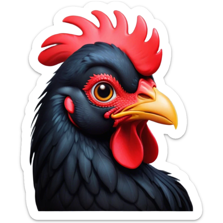 Cinematic Cute Black Rooster Portrait Emoji, Head tilted playfully and inquisitively, featuring a glossy, immaculate black plumage with a vibrant red comb, round, sparkling eyes filled with curiosity, Simplified yet irresistibly adorable features, highly detailed, glowing with a warm, friendly glow, high shine, affectionate and spirited, stylized with a touch of farmyard whimsy, bright and endearing, soft glowing outline, capturing the essence of a mischievous yet loving rooster, so playful it feels like it could strut out of the screen and into your arms! sticker