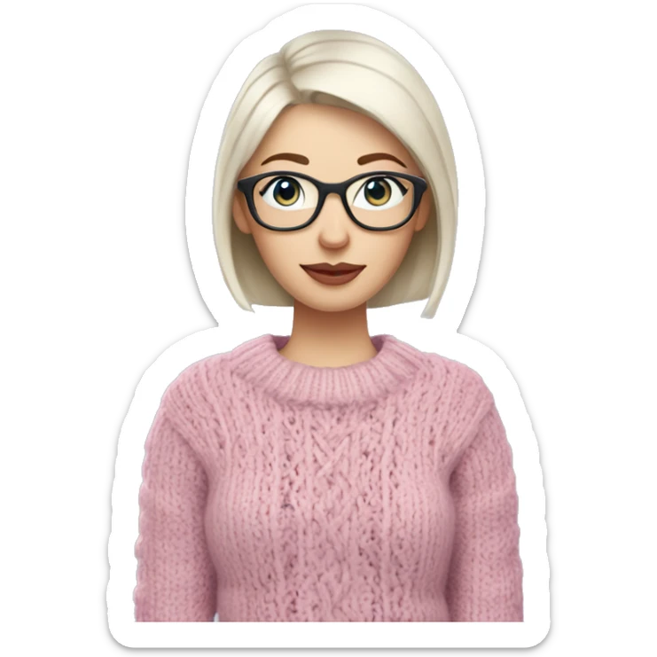 Mom with silvery blonde thin short stick straight hair and light colored glasses wearing a sweater, White ethnicity, pink lips, light blue eyes, pale skin, knitting with a ball of yarn and knitting needles sticker
