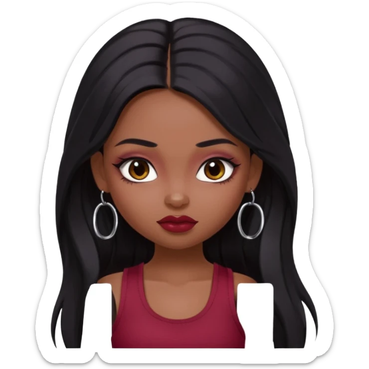 a pretty bratz girl with long black hair, kajal under eyes, small silver hoop. Dark cherry red tank top on.  sticker