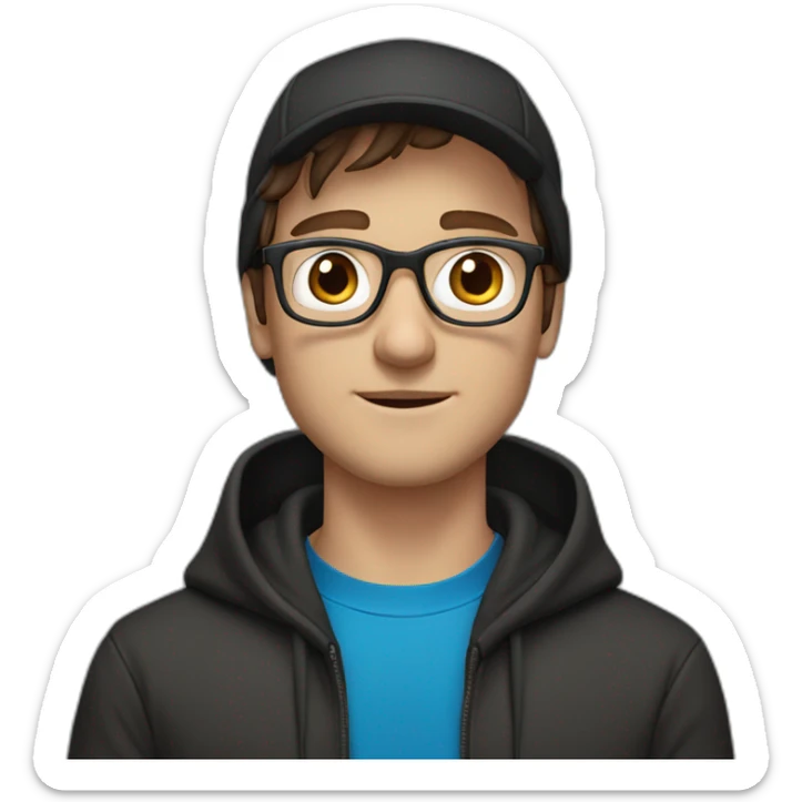 man with blue eyes, brown hair, black hoodie, glases, cap sticker