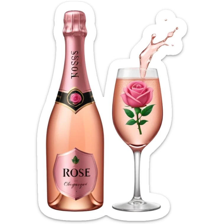 bottle of sparkling rose champagne tilted up and to the right, with a rose logo, no glass sticker