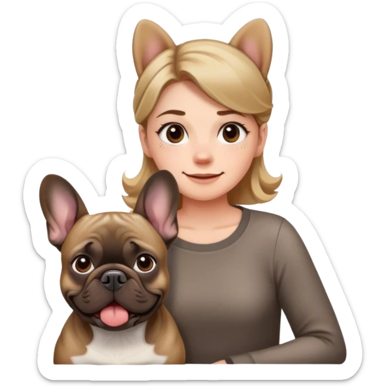 can you make an emoji of a girl with brownish light hair with a frenchie that is brindle and she is smiling and the dog is staring confused at the camera a sticker