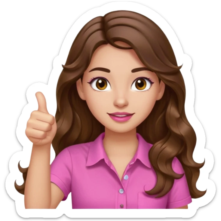 girl with long wavy brown hair, brown eyes, light to medium complexion, in a pink shirt, pink lips, long lashes, thumbs up sticker