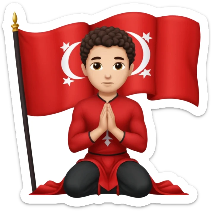 Brunette man clean shaven with slick back curly hair on his knees praying to an Albanian flag sticker