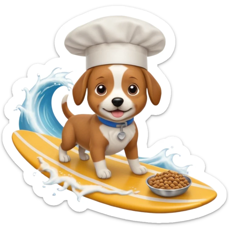Dog wearing a chefs hat and surfing on a wave of dog food sticker