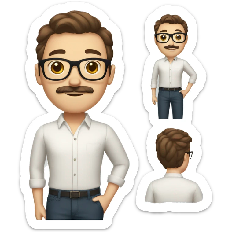 man in preppy clothing with big glasses and brown hair and a mustache sticker