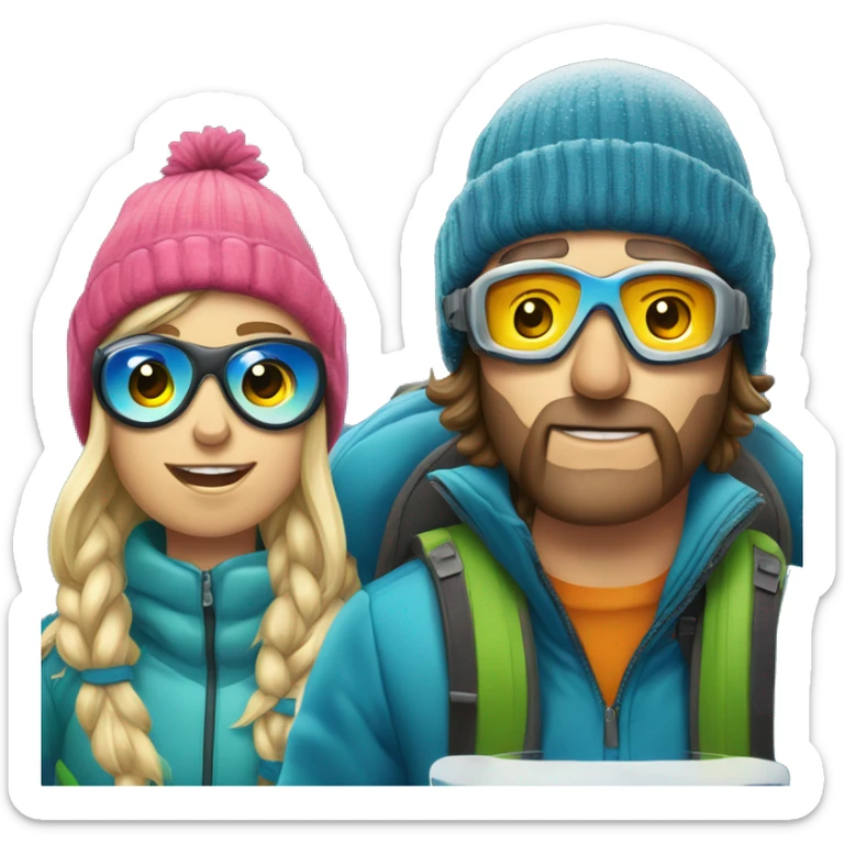 Ski bum Couple with ski goggles and beanie the guy is smoking a cig and the girl is having a beer sticker