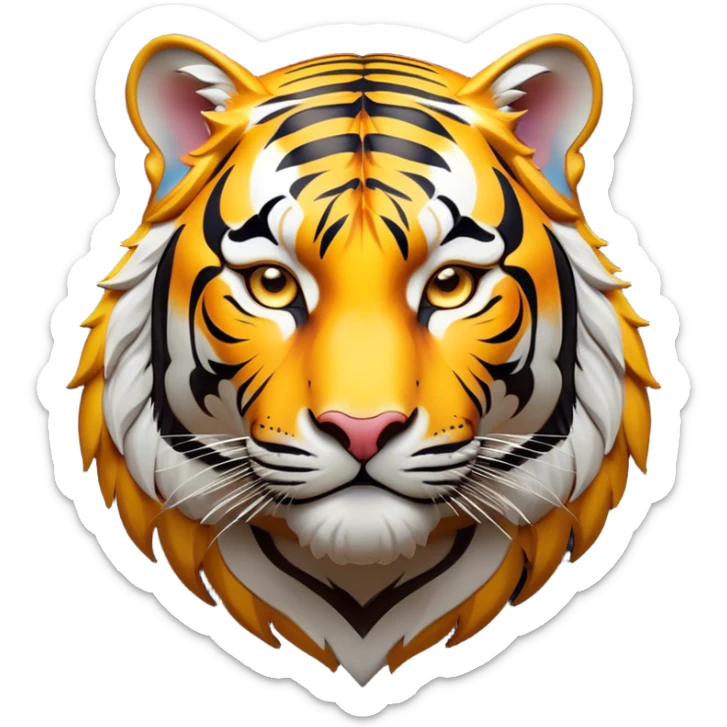 Cinematic Noble Tiger Portrait Emoji, Poised and regal, with a powerful, muscular build draped in striking, vivid stripes and intense, focused eyes, Simplified yet sharp and sophisticated features, highly detailed, glowing with a soft, wild luminescence, high shine, intelligent and majestic, stylized with an air of untamed authority, focused and commanding, soft glowing outline, capturing the essence of a watchful and confident jungle guardian that appears ready to pounce out of the screen with effortless authority! sticker