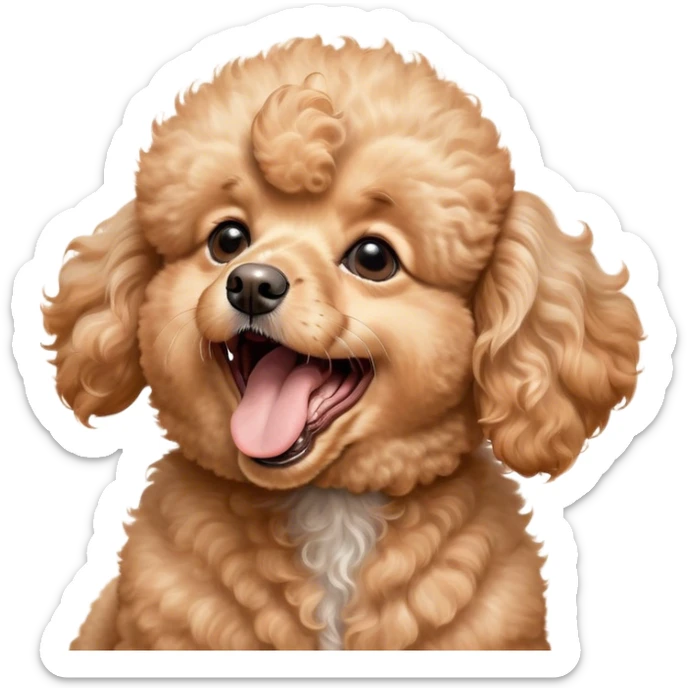 Cinematic Cute Yawning Apricot Poodle Portrait Emoji, Head tilted slightly with a dramatic, wide-open yawn, displaying a soft, curly apricot Fur with delicate texture, floppy ears slightly drooping, round warm eyes barely open in drowsy contentment, Simplified yet irresistibly adorable features, highly detailed, glowing with a soft, cozy glow, high shine, relaxed yet expressive, stylized with a touch of whimsy, bright and endearing, soft glowing outline, capturing the essence of a sleepy yet affectionate companion, so drowsy it feels like it could stretch right out of the screen and curl up for a nap! sticker