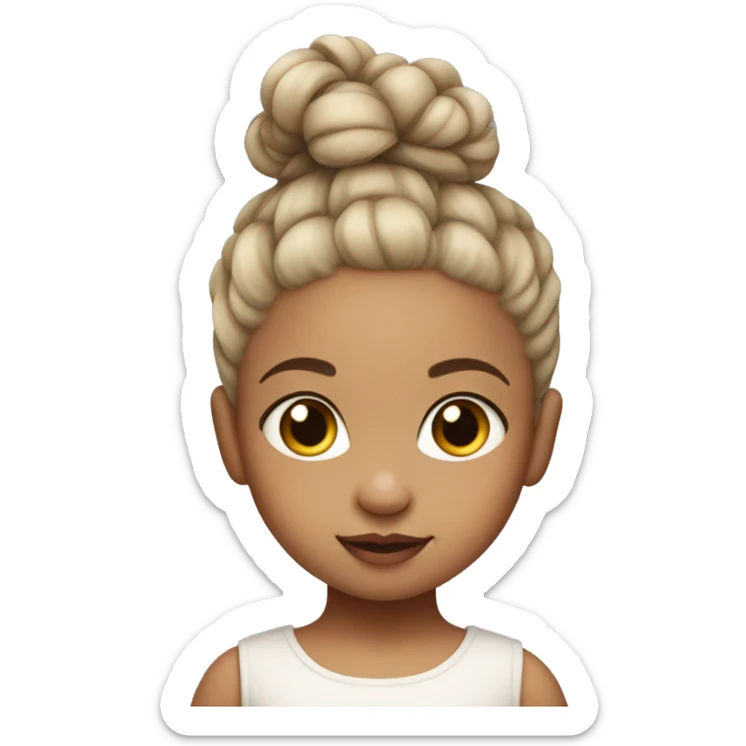 Baby girl with her hair tied up in a bun and she has white skin sticker