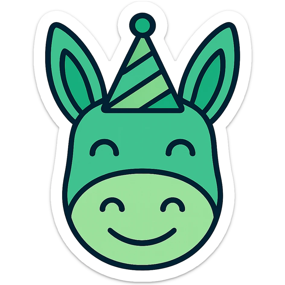 Add a colorful party hat with green tones to the happy donkey head icon, in color outline style, with no background. sticker