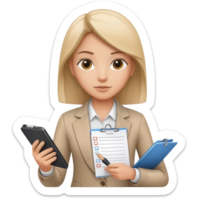 A person holding a checklist and pen is wearing smart casual clothing. The character is in a focused pose sticker