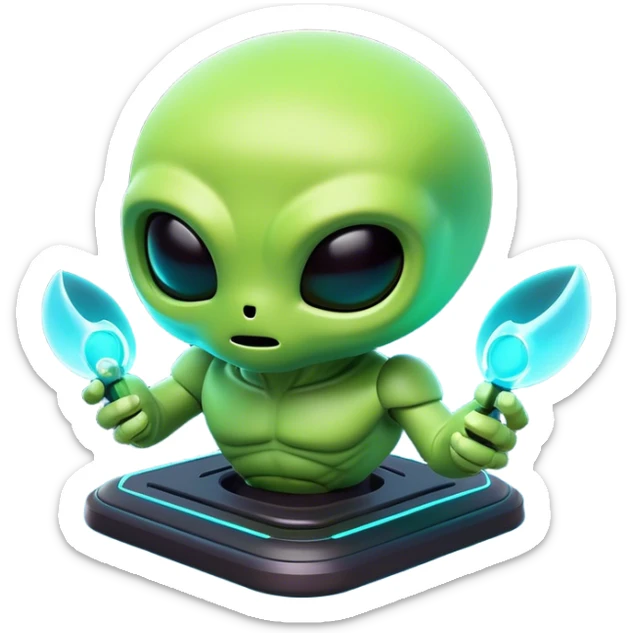 Clash of Clans aesthetic: Cinematic Playful 3D Isometric Alien Emoji, rendered in a 3D vector-style similar to standard emojis with minimal shading and bold, simplified shapes. A compact, distinct form with signature details, softly glowing with a futuristic sci-fi warfare charm. Simplified yet unmistakably iconic, highly detailed and consistent, glowing with a soft radiance and high shine. Stylized with a touch of high-tech brilliance and a soft glowing outline, capturing the essence of a beloved gaming relic with a friendly, playful manner! sticker