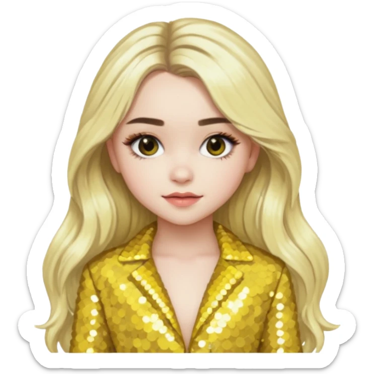 Sabrina Carpenter with long platinum blonde hair, yellow sequin outfit sticker