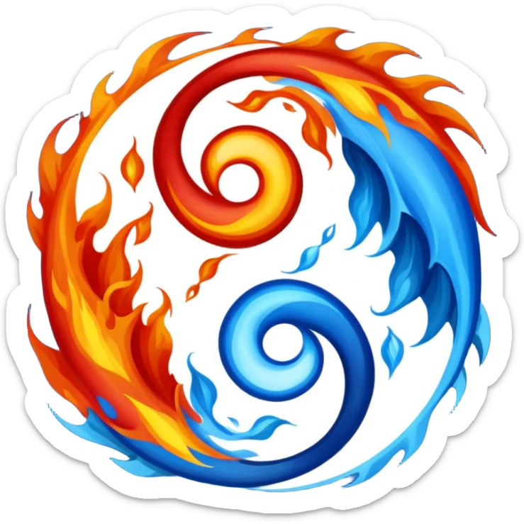 The fire and water emojis are in the form of the yin-yan symbol in front of a completely black background. sticker