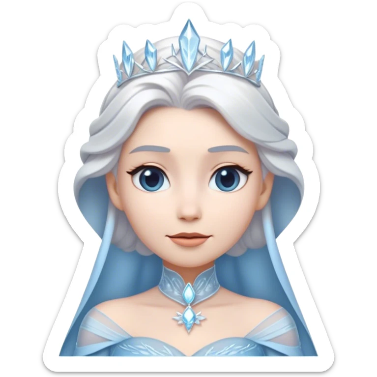 Cinematic Timeless Snow Queen Portrait Emoji, rendered in a clean, vector style. Depict Elsa with icy pale skin, intricately styled platinum hair, and a serene, regal expression, dressed in a minimalist ice-blue gown. The design features bold, simplified shapes, a soft, drowsy crystalline glow, and a subtle glowing outline, capturing the essence of timeless, majestic winter beauty. sticker