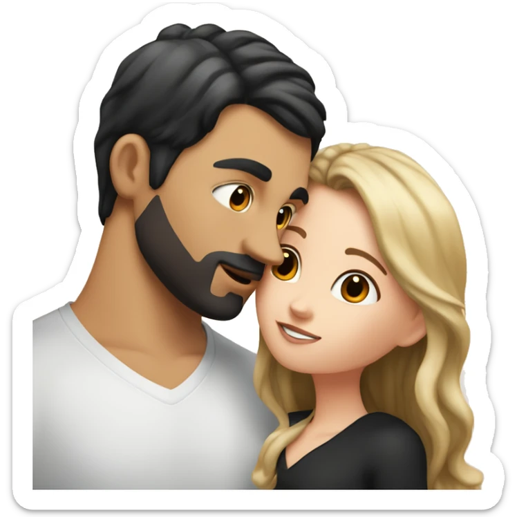 A white girl with a black hair square kisses a tall white guy with brown hair. There are peaches all around sticker