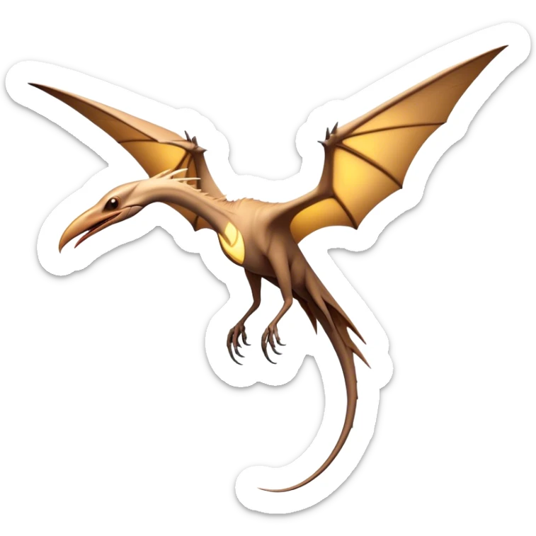 Cinematic Noble Pterodactyl Portrait Emoji, Poised and soaring, with a slender, aerodynamic body, expansive leathery wings outstretched, a long pointed beak, and keen, piercing eyes that exude aerial grace, Simplified yet sharply defined features, highly detailed, glowing with a soft, ethereal radiance, high shine, intelligent and commanding, stylized with an air of prehistoric flight mastery, focused and graceful, soft glowing outline, capturing the essence of a watchful and confident Pterodactyl that appears ready to glide out of the screen with effortless majesty! sticker