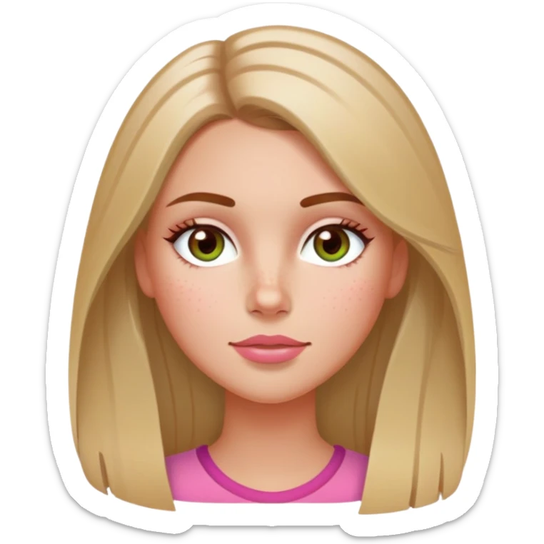 Long hair straight Brunette with blonde highlights in her hair and hazel green eyes  slightly tanned white girl with pink peach lips and rosy red cheeks with a few freckles sticker