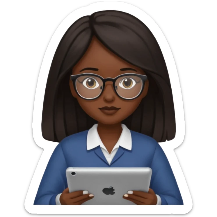 Yo, una chica de piel morena de pelo largo oscuro con lentes para ver, con la tablet trabajando  sticker