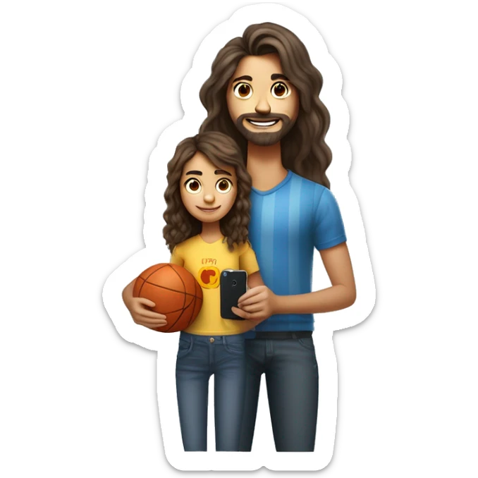 dibujo estilo pixar de un hombre, con barba, el pelo gris, una mujer con el pelo rizado y castaño. Una hija de 17 años el pelo liso castaño con un iPhone en la mano. Un hijo de 10 años con un balón de futbol en la mano. sticker