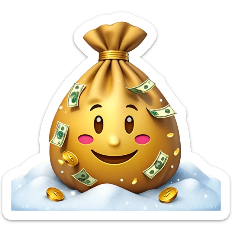 3D emoji style, money bag with dollar bills, New Year theme, snow particles, festive lighting, rich vibe, high detail, transparent background

 sticker