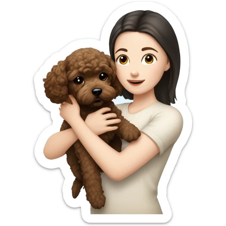 pale white girl with black hair holding brown bichpoo puppy sticker